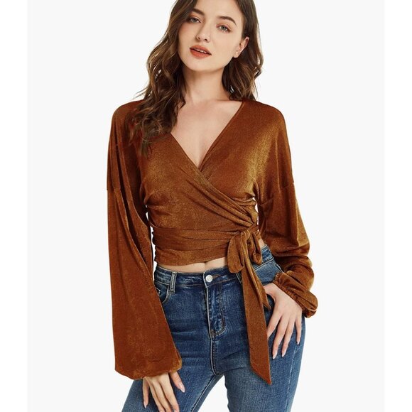 Sweaters - Brown Glitter Knit Tie Front Belted‎ V-Neck Long Sleeve Bishop Wrap Sweater Top